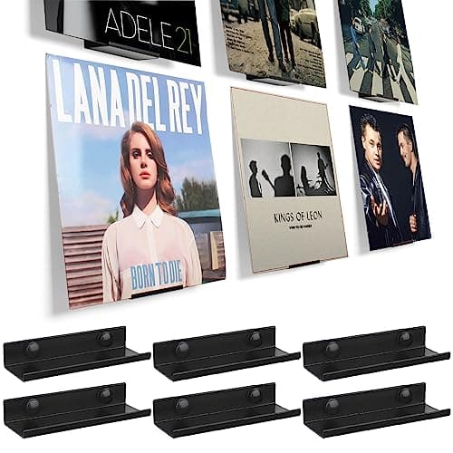 Image of BiJun Vinyl Wall Mount 6 Pack, Black Metal Vinyl Shelves Holder Display Record Wall Mount Stand for Albums LP Minimalist Record Storage Set for CD Display in Office Home (Wall Black06)
