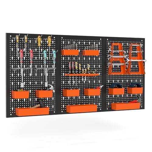 Image of COSTWAY 120 x 60cm Pegboard Organizer Kit, Wall Mounted Tool Rack with 3 Pegboards & Hanging Accessories, Garage Tool Storage Peg Board for DIY Workshop Craft Room (Black + Orange, 26 PCS Accessories)
