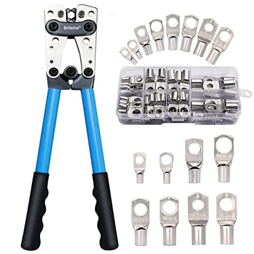 Image of Brileine Battery Cable Crimping Tool Kit 6–50 mm² with 60PCS Copper Ring Terminals, Heavy Duty Wire Lug Crimper with Rotating Dies for Battery Cables, Electrical Wiring, Automotive & DIY Use