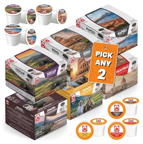 Image of Bonini Coffee Pods, Keurig Compatible Coffee Pods, K-Cup. Pick Any 2 Packs from 6 flavours Inc. Roma, Napoli, Sumatra, Colombia, Tuscan, Italian Roast. Each Pack 24 pods (Total 48 pods)