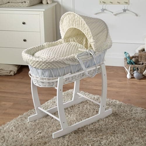 Image of For Your Little One Cream Dimple White Wicker Moses Basket with White Rocking Stand