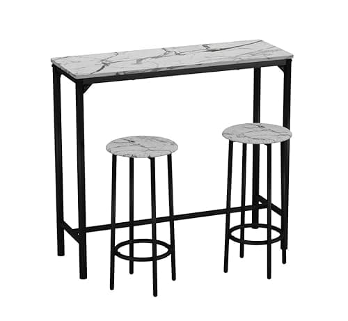 Image of URBNLIVING CANCUN Bar Table and Stools Set – Industrial Kitchen Dining Breakfast Counter Furniture with 2 or 4 Chairs, Space-Saving Design for Home & Small Spaces - 3 Piece - White Marble