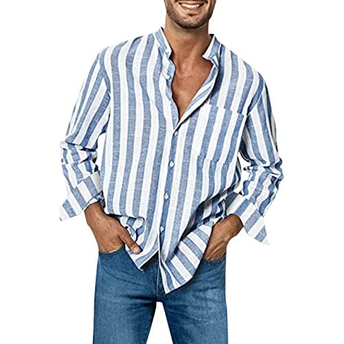 Image of Mens Grandad Collar Shirt Long Sleeve Casual Formal Dress Shirts for Men Wedding Collarless Shirts Regular Fit with Pocket Tropical Floral Beach Vacation Shirt Non Iron Formal Dress (A1 Light Blue,M)