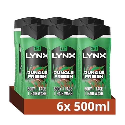 Image of Lynx Jungle Fresh 3-in-1 Body Wash Hair, Face and Body Cleanser shower gel with a palm leaf & amber scent for an all day fresh & clean feel 6x 500 ml