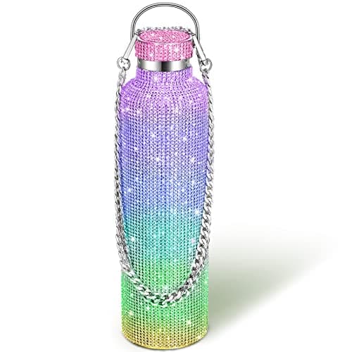 Image of Diamond Bling Rhinestone Stainless Steel Thermal Water Bottle - Insulated, Refillable, Glitter With Chain for Women Girls Gifts (Rainbow, 1000 ml)