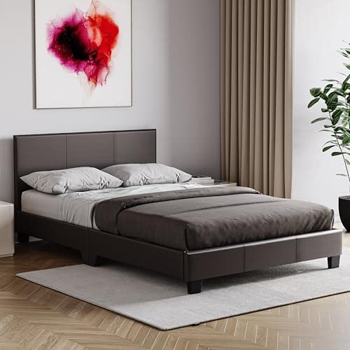 Image of Vida Designs Lisbon Small Double Bed, 4Ft Bed Frame Upholstered Faux Leather Headboard Low Foot End Bedroom Furniture, Brown (UKFR Certified)