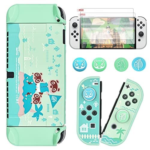 Image of DLseego Animal Crossing Switch OLED Case Protective Cover Dockable Hard Shell Joy Con Skin Accessory with 4PCS Thumb Grips Caps and 2PC Screen Protectors