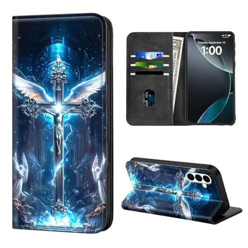 Image of ETLKJVBL for Samsung Galaxy S26 Plus Case Wallet with Card Holder, Silver Cross with Glowing White Stylish PU Leather Phone Case with Kickstand - Secure RFID Blocking & Magnetic Flip Cover