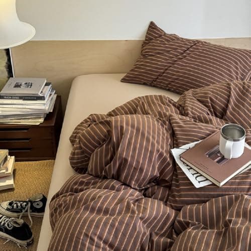 Image of Lanqinglv Double Duvet Cover Set Brown Striped Bedding Set Double Bed,1 Duvet Cover Double 200x200 cm with Zipper Closure and 2 Pillowcases 50x75cm,Modern Bedding Set