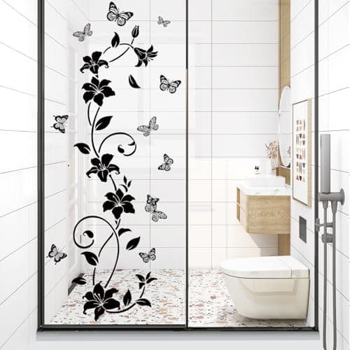 Image of SHUCHING Black Flowers Silhouette Decals for Shower Screen Car Kitchen Cupboards, Removable Vinyl Simplicity Florals Wall Stickers Art Decoration for Bedroom Living Room Bathroom