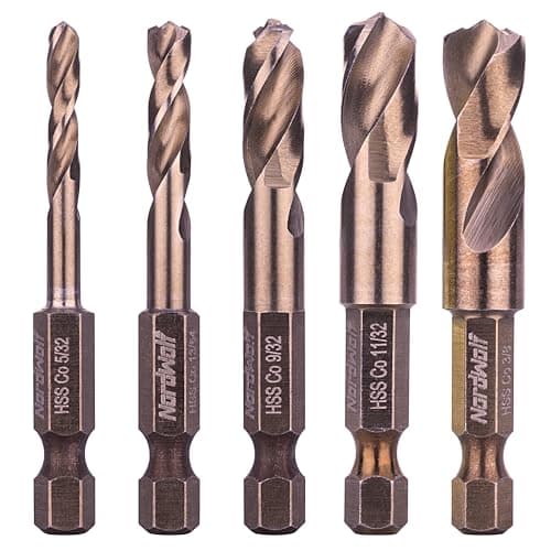 Image of NordWolf 5-Piece M35 Cobalt Stubby Drill Bit Set for Stainless Steel & Hard Metals, with 1/4" Hex Shank for Quick Chucks & Impact Drivers, SAE Sizes 5/32"-13/64"-9/32"-11/32"-3/8" in Storage Case