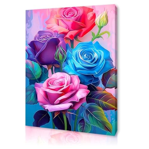 Image of Qiukoo Framed Canvas Wall Art – Colourful Rose Artwork, Waterproof Modern Print with Hook, Wall Decoration for Living Room or Bedroom, Floral Pictures for Bedroom Walls – 12x16 Inch