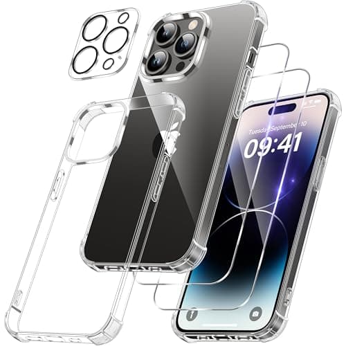 Image of FLLAO iPhone 14 Pro Max Case 6.7-Inch with 2 Pack Tempered Glass Screen Protectors + 1 Lens Protector, Anti-Scratch Shockproof Protection, Slim Anti-Yellowing Soft Bumper Cover, Clear