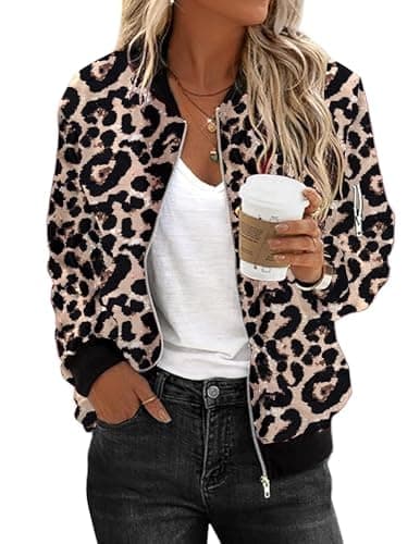 Image of Zeagoo Bomber Jacket Women Lightweight Flight Jackets Long Sleeve Zip Up Casual Solid Quilted Coat with 2 Pockets Leopard XL