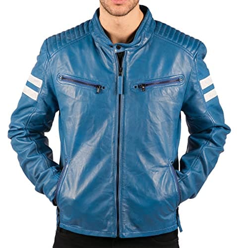 Image of TruClothing Men's Biker Jacket Outwear Windproof Winter Motorcycle Rider Quilted Real Leather Jackets Coat - Blue XL