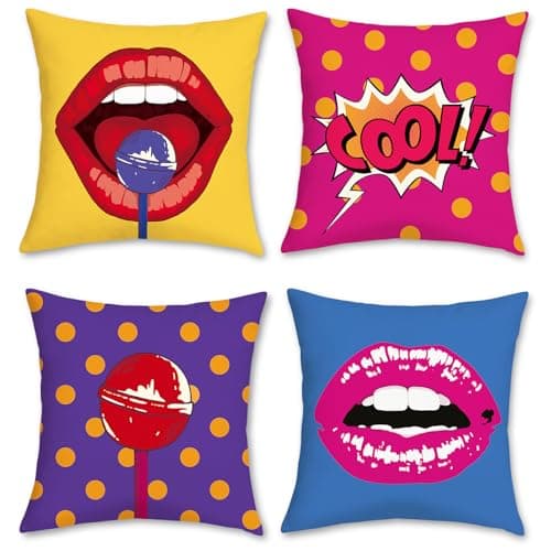Image of Bonhause Pop Art Cushion Covers 45 x 45 cm Lips Polka Dots Modern Funky Decorative Throw Pillow Covers Soft Velvet Pillowcases for Sofa Bed Home Decor Set of 4
