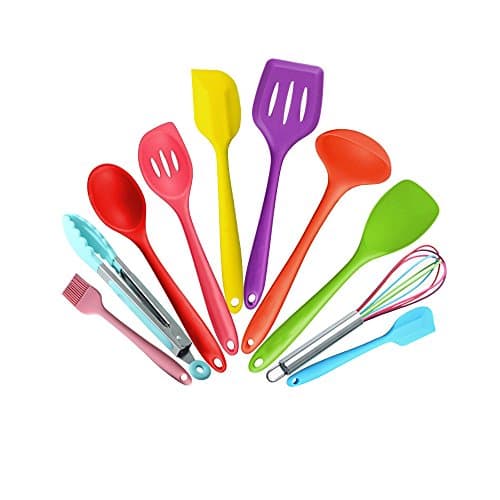 Image of rayinblue 10 Piece Silicone Kitchen Utensils Set, Heat Resistant Multicolor Kitchen Cooking Set Including Brush, Tongs, Spoon, Slotted Spoon, Large Spatula, Slotted Turner, ladle, Baking Spoonula