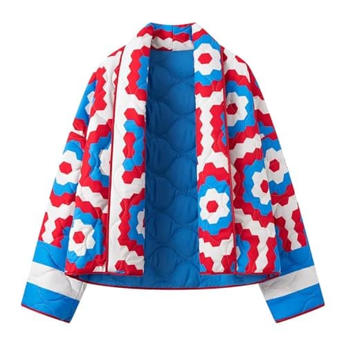 Image of Mrat Women Cropped Puffer Jacket Floral Printed Quilted Coats Lightweight Open Front Crop Padded Down Jackets Long Sleeve Color Blocked Jackets Aesthetic Padded Jacket Warm Winter Outerwear
