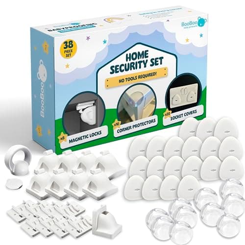Image of Booboo Baby 38 Pack Magnet Child Safety Baby Proofing Kit | x8 Magnetic Child Safety Cupboard Locks, x10 Corner Guards, x20 Plug Socket Protectors | Baby Proofing for Kitchen, Cabinets and Drawers