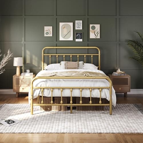 Image of Yaheetech 4ft6 Double Bed Frame Vintage Iron Platform Bed with High Headboard and Footboard, Strong Metal-Framed Bed with Storage Antique Gold