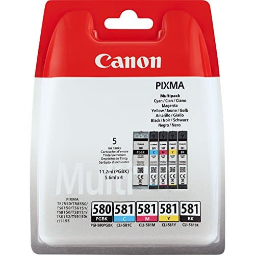 Image of Canon PGI-580 CLI-581 BK C M Y PGBK Pack of 5 cartridges (Black Cyan Magenta Yellow Office Black Colour) Genuine Canon (Plastic Pack)