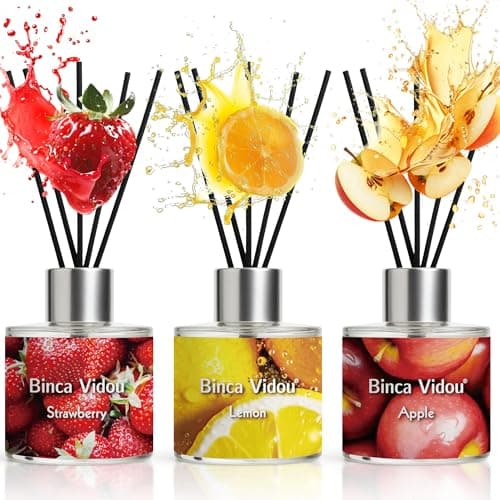 Image of Binca Vidou Reed Diffuser Set of 3, Natural Scent Oil Diffusers with Sticks for Home Office Bathroom Aromatherapy Decor (Lemon, Apple, Strawberry, 50ml x 3)