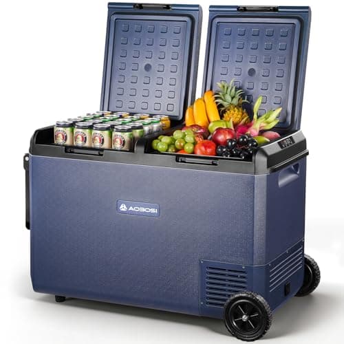 Image of AAOBOSI 95L Car Fridge, Camping Fridge Freezer Dual Zone with Wheels & Pull Handle, IPX4 Waterproof, APP Control, 12V/240V, -20°C to 20°C – Ideal for Campervan, Truck, Boat, Motorhome, Travel & Picnic