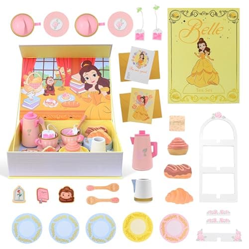 Image of Disney Princess Belle Wooden Tea Set for Kids – 31 Pieces Pretend Tea Party Playset with Book Storage Box, FSC Wooden Tea Toys, Portable Princess Gift for Girls Age 3+ Wooden Pretend Play Tea Toy Set