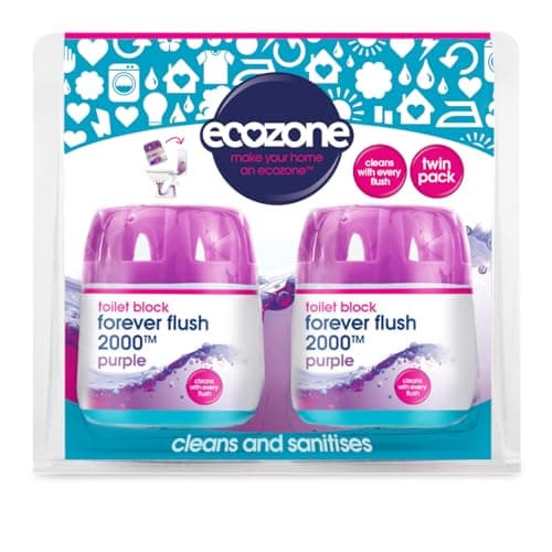 Image of EcoZone Forever Flush 2000 Purple Toilet Blocks, Eco Friendly Alternative to Loo Rim Hangers, Cistern Capsules Clean & Descale WCs, Natural Vegan & Non Toxic Cleaner, Recyclable Plastic (Set of 2)