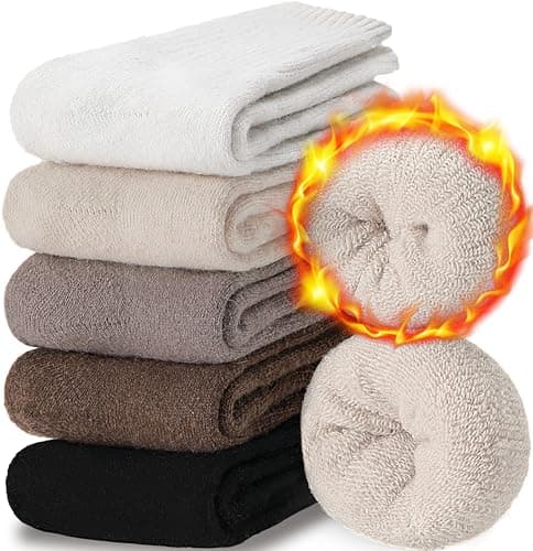 Image of EBMORE Womens Merino Wool Socks Thermal Warm Winter Thick Cosy Boot Crew Cabin Ladies Work Soft Walking Hiking Socks 5 Pairs Gift Stocking Fillers(Beige/White/Black/Khaki)
