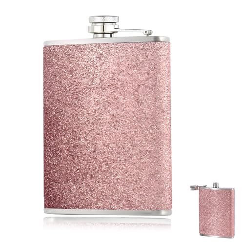 Image of 8 Oz Hip Flask, Portable Hip Flasks for Men Hips Flasks for Women, Pink Sparkling Pocket Flask Suitable for Hiking Camping Barbecuing Birthday Parties Gatherings