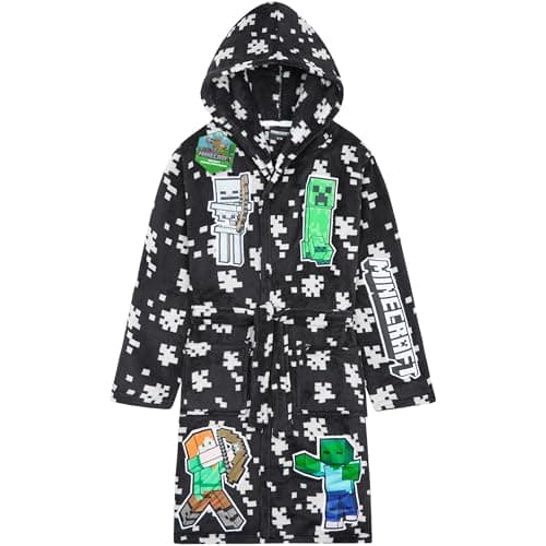 Image of Get Trend Minecraft Dressing Gown Boys & Teens, Fleece Hooded Bathrobe, Creeper Loungewear Nightwear, Gamer Gifts for Boys (13-14 Years, Black Minecraft)