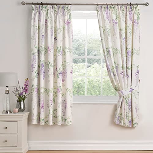 Image of Dreams & Drapes Pencil Pleat Curtains – Wisteria Purple – W66 x L72 (168 x 183cm) – Botanical Floral Design – 2 Panels – 100% Cotton – Spring Drapes for Bedroom and Living Room