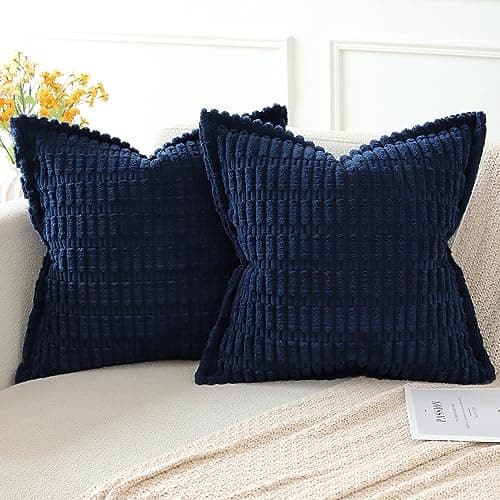 Image of Artscope Dark Blue Cushion Covers Set of 2 Corduroy Decorative Square Striped Pillowcase with Stitched Edge Pillow Covers 45x45cm for Home Decor Sofa Bedroom Car