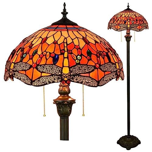 Image of AIBOTY Dragonfly Tiffany Floor Lamp, Red Blue Orange Stained Glass Lampshade Standing Lamp, Floor Light Reading Light Decorative Lamp for Living Study Room Bedroom, 40X162cm,Red