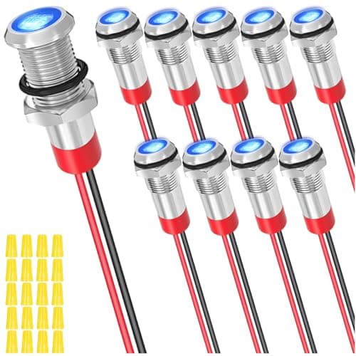 Image of MKBKLLJY 10Pcs 6mm DC 12-24V 1A Blue LED Metal Indicator Light Waterproof Signal Lamp with 150mm Cable Length Metal LED Indicator Light and Wiring Cap for Car interior Trucks Boats Engine taillight