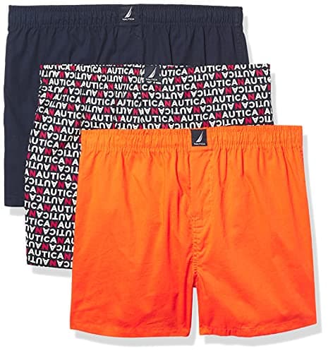 Image of Nautica Men's Cotton Woven 3 Pack Boxer Shorts, Peacoat/Tropic Orange Logo Print, XL