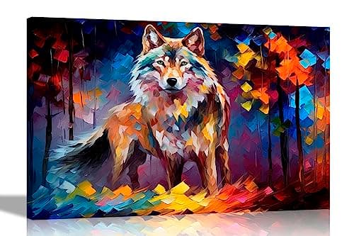 Image of Artley Prints - Silver Wolf in Forest Colourful Wall Art Pictures Canvas for Living Room, Bedroom, Hallway | Framed Oil Painting Re-print Large 86 x 61cm (34 x 24 inches) A1