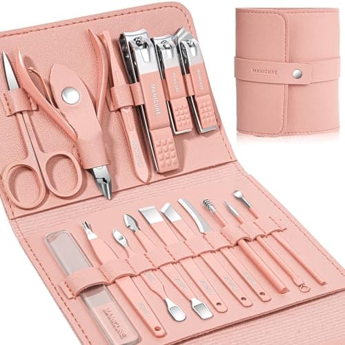 Image of Manicure Set Professional Nail Clippers Pedicure Kit, 16 pcs Stainless Steel Nail Care Tools Grooming Kit with Luxurious Travel Leather Case for Thick Nails Men Women Gift (Pink)