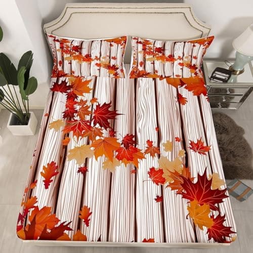 Image of Maple Leaf Double Fitted Sheet, 3D Autumn Fitted Sheet Double Bed - Deep Pocket 12 inch (30 cm) - Soft Microfibre Fabric - Shrinkage and Fade Resistant Bedding - Bottom Sheet D2749