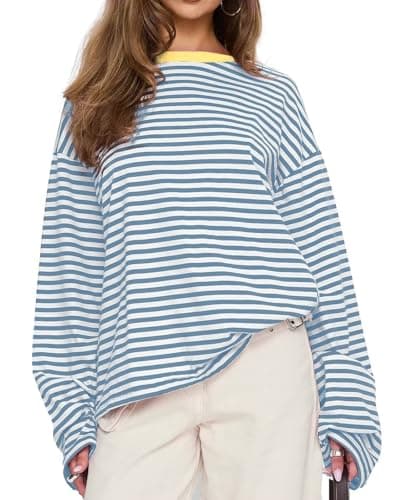 Image of LEEDYA Womens Casual Striped Sweatshirt Oversized Crew Neck Color Block Long Sleeve Shirt Loose Fit Tops Spring Fashion Blue XL