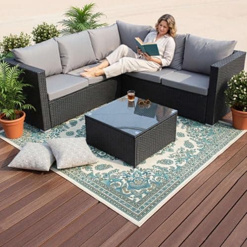Image of BIRCHTREE Outdoor Rattan Wicker Garden Furniture Set 5 Seater L-Shape Corner Sofa Glass Coffee Dining Table Patio With Cushion Pillow 3 Pieces RFS08 Black