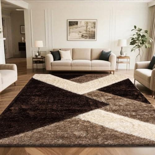 Image of PHP Stylish Large Area Rugs for Living Room - 3D Design Carved Non-Shedding Dense Pile Shaggy Rug for Bedroom Kitchen Carpet Runner Non Slip Floor Mat (Brown Beige Cream - Nova, 120 x 170 cm)