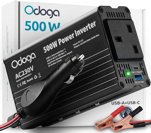 Image of Odoga 500W Power Inverter 12V to 240V – Car Plug Adapter to UK Plug Socket, DC to AC Wall Outlet 3 Pin Plug, USB-A & USB-C Charger Ports for Laptop, Mobile Phones, Tablets, Consoles & More