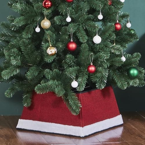 Image of Taylor & Brown Christmas Tree Skirt Square Stand Base Xmas Natural Folding Collar Basket Cover Decoration Tidy Home Decor 48 x 48 x 25cm, Red with White Snow Trim
