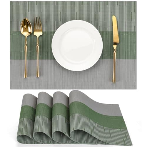 Image of Chitomars Placemats Set of 4, Vinyl Woven Place Mats Indoor Set of 4 Washable Wipeable PVC Table Mats Heat-Resistant Non Slip Placemat for Kitchen Dining Outdoor Table (Grey Sage Green, Set of 4)