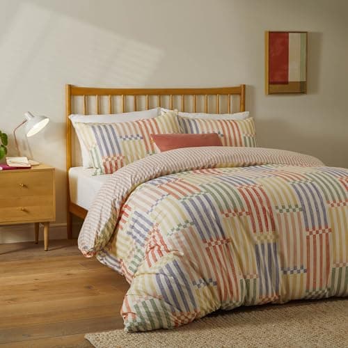 Image of furn. Duvet Day Madison Stripe Duvet Cover Set – Reversible Abstract Printed Bedding with Soft-Touch Fabric and Retro-Inspired Design (Multi/Apricot - Double)