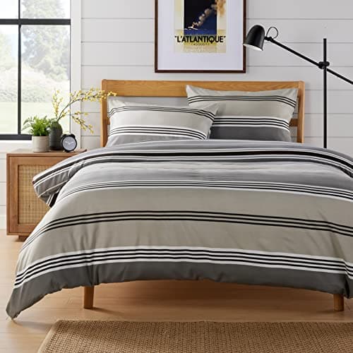 Image of Olivia Rocco Easy Care Printed Duvet Cover Set 100% Polyester Breathable Stylish Comforter Reversible Quilted Bedding Bed Sets With Pillowcases HARLOW STRIPES DUVET SET, GREY SINGLE