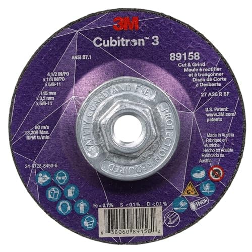 Image of 3M Cubitron 3 Cut and Grind Wheel, 89158, 36+, T27, 4-1/2 in x 1/8 in x 5/8 in-11, Pack of 10, ANSI, Longer Life, Faster Cut, Back-Gouging, Fillet Weld Removal, Cutting, Grinding