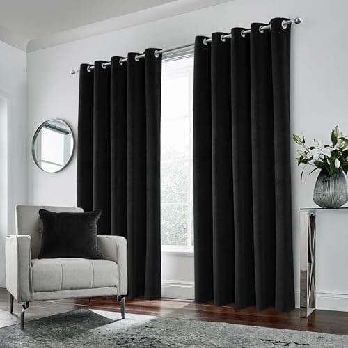 Image of Enhanced Living Hampton Premium Velvet Black Blackout Curtains for Bedroom - 46x72 inch (117x183 cm) Supersoft Eyelet Curtains for Living Room - 2 x Curtain Panels
